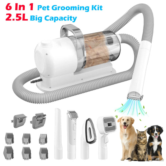 6 In 1 Dog Hair Vacuum & Cat, Dog Grooming Kit, Pet Grooming Vacuum with 2.5L Capacity Large Suction & Low Noise Pet Hair Cleaner