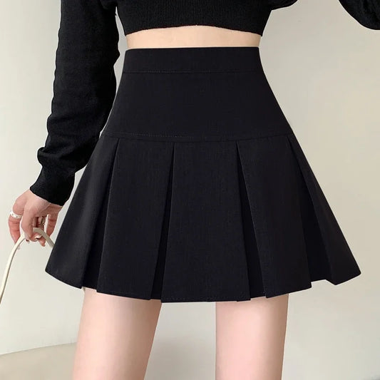 2025 Summer New Women Slim Solid Color Pleated Short Skirt College Style Pure Want To High-waisted Skinny-proof A- line Clothing
