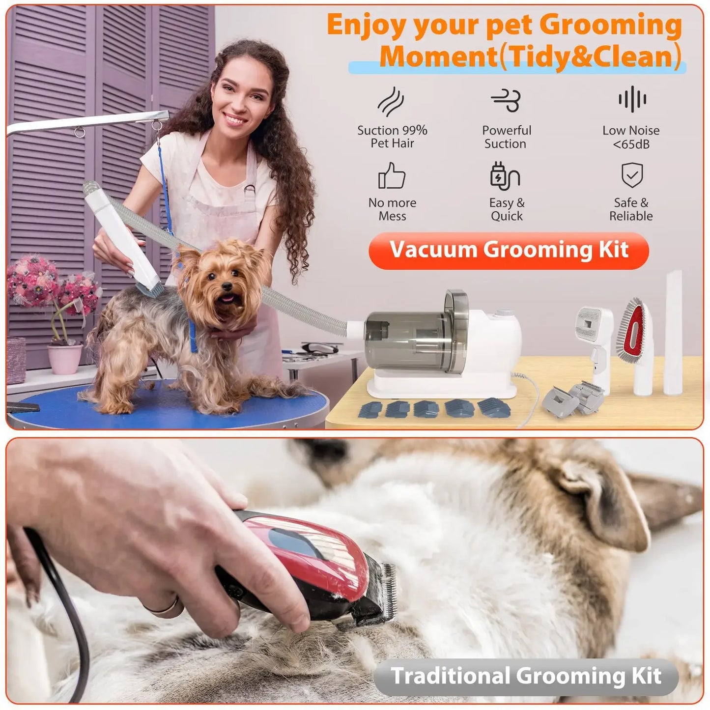 6 In 1 Dog Hair Vacuum & Cat, Dog Grooming Kit, Pet Grooming Vacuum with 2.5L Capacity Large Suction & Low Noise Pet Hair Cleaner