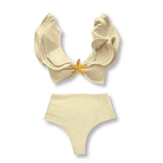 3 Pieces Sexy Bikinis Set Shoulder Ruffle Swimsuit Women 2025 Swimwear Shiny Star Swim Suits Female Bodysuit Bathsuit Beachwear