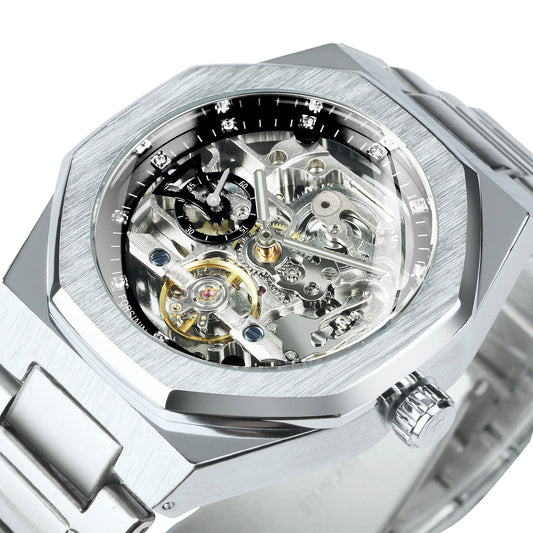 Forsining Silver Automatic Watch Men 3D Diamond Dial Irregular Tourbillon Skeleton Mechanical Wrist watches Luminous Hands Clock