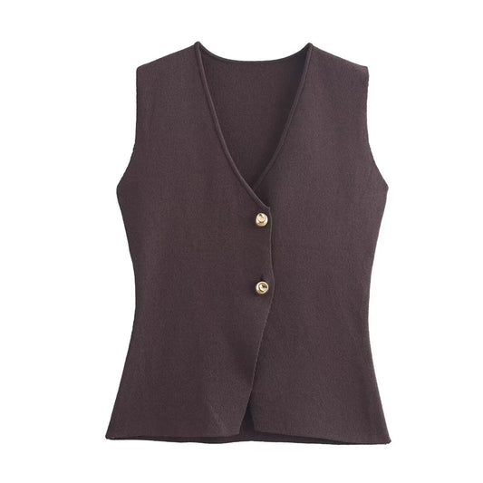 UNIZERA 2025 Summer New Product Casual Women's Wear Simple and Fashionable Gold Button Knitted Tank Top