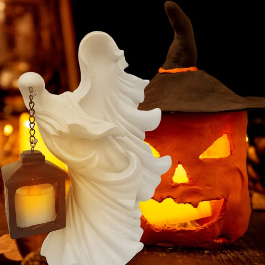 Halloween Ghost Statue With Lantern Faceless Witch Hell Messenger Realistic Resin Ghost Sculpture For Home Scary Decorations