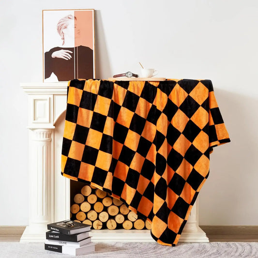 Throw Checkerboard Black and Orange Flannel Blanket for Couch Bed Sofa Cozy Comfy Warm Halloween Decor for All Season 1PC
