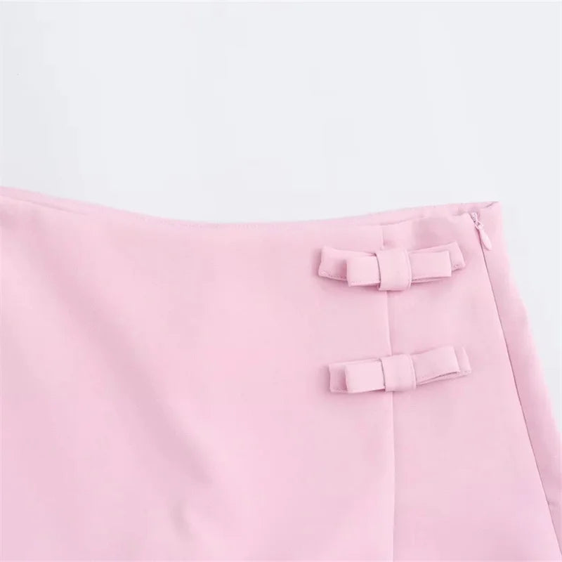 TRAF 2025 Pink White Mini Skirt Woman Fashion Bow Skirt For Women Summer Slit Short Skirt Woman Split High Waist Skirt Shorts
