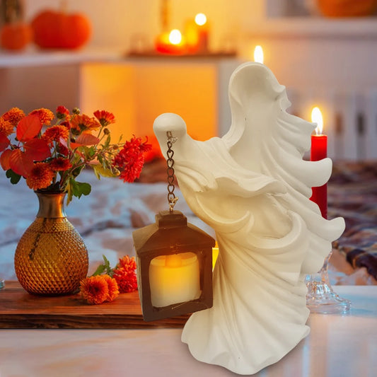 Halloween Ghost Statue With Lantern Faceless Witch Hell Messenger Realistic Resin Ghost Sculpture For Home Scary Decorations