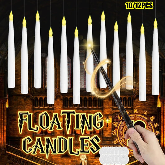 LED Floating Candles with Magic Wand Flameless Flying Candle Flickering Burning Candles for Wedding Holiday Decoration 12/10 PCS