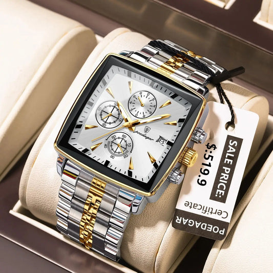POEDAGAR Luxury Square Sport Man Wrist watch Waterproof Luminous Chronograph Quartz Men's Watches Stainless Steel Men Watch Reloj