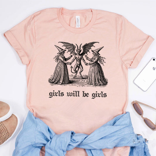 Girls Will Be Girls Witch Shirt Vintage Halloween T-Shirt Funny Feminist Tee Ironic Shirts Aesthetic T-shirt Spooky Witchy Tops