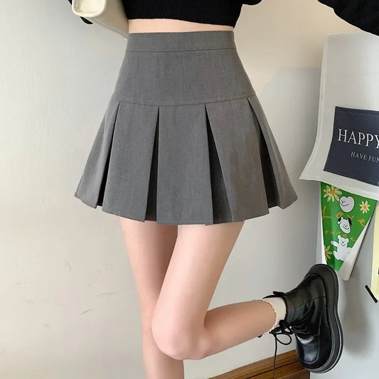 2025 Summer New Women Slim Solid Color Pleated Short Skirt College Style Pure Want To High-waisted Skinny-proof A- line Clothing