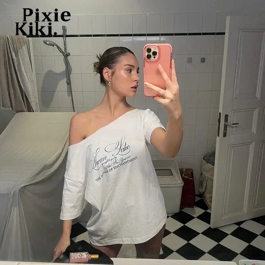 Pixie Kiki Letter Print Graphic T Shirts White Oversized One Shoulder Tops Women Summer Fashion Clothing Trends 2025 P71-BG14
