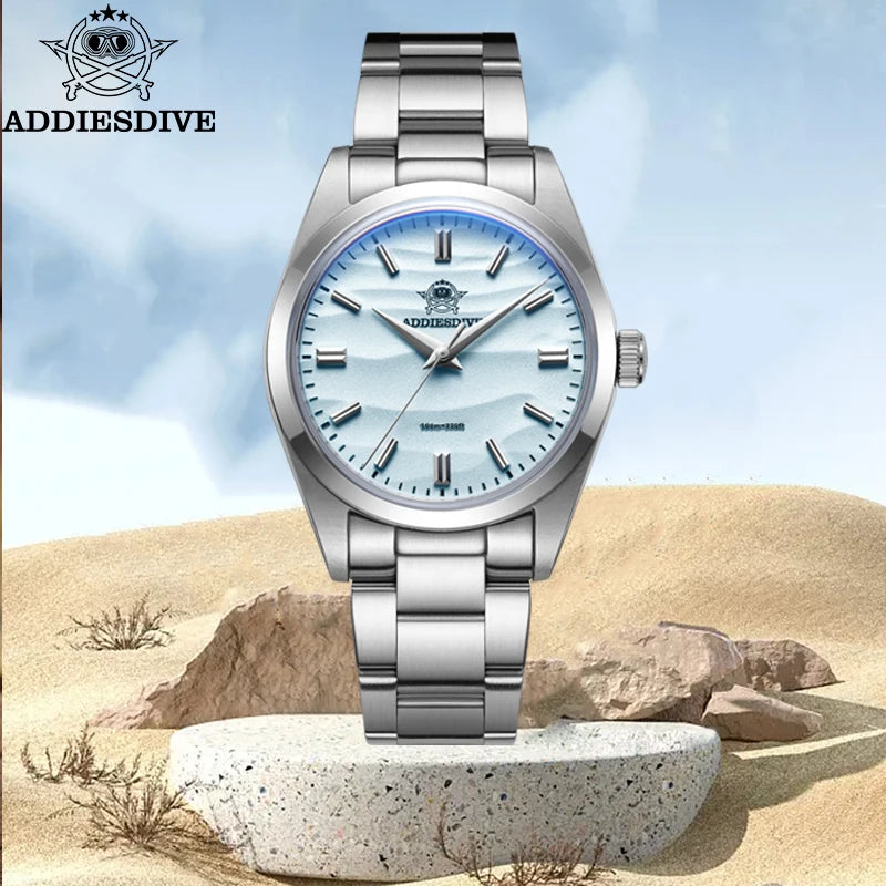 ADDIESDIVE Men's Watch Sand Dial 36mm Quartz Watch 100m Waterproof 316L Stainless Steel AR Coated Dome Glass Wrist Watch for Men