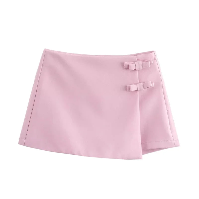 TRAF 2025 Pink White Mini Skirt Woman Fashion Bow Skirt For Women Summer Slit Short Skirt Woman Split High Waist Skirt Shorts