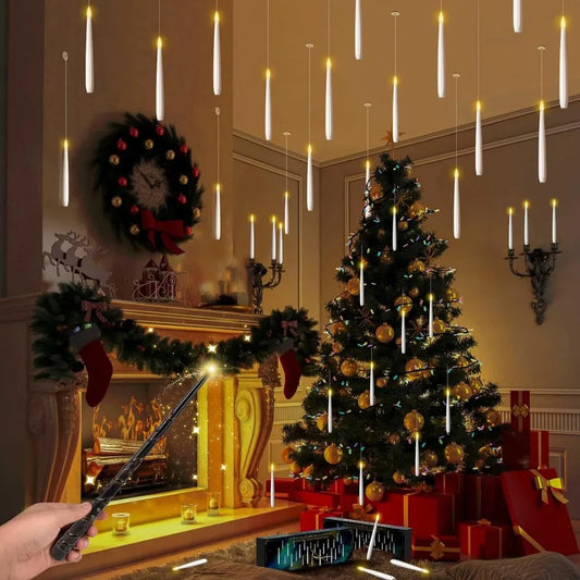 LED Floating Candles with Magic Wand Flameless Flying Candle Flickering Burning Candles for Wedding Holiday Decoration 12/10 PCS