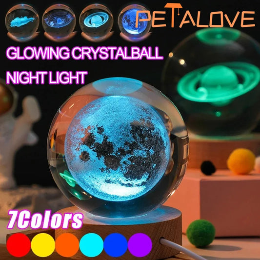 Crystal Ball LED Night Light Colorful 3D Saturn Solar System Moon Table Lamp USB Bedroom Atmosphere Lamp for Birthday Kid Gift