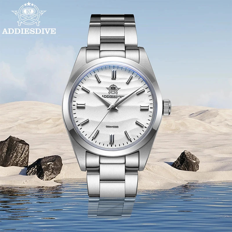 ADDIESDIVE Men's Watch Sand Dial 36mm Quartz Watch 100m Waterproof 316L Stainless Steel AR Coated Dome Glass Wrist Watch for Men