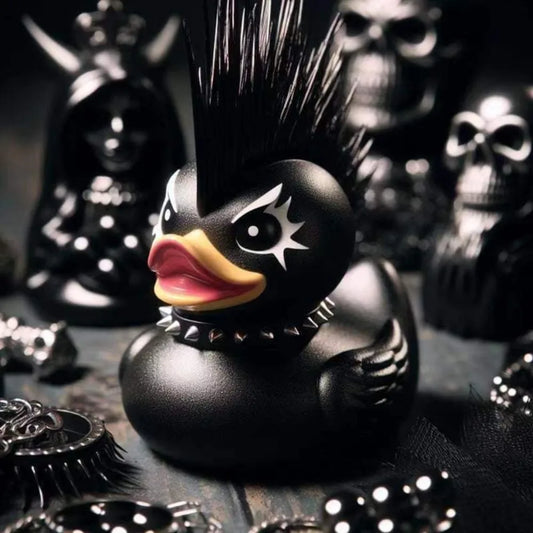 Duck Gothic punk duck, novelty duck decorated with Halloween decorations, punk duck in 1980s, dark Satan duck Gothic gift.