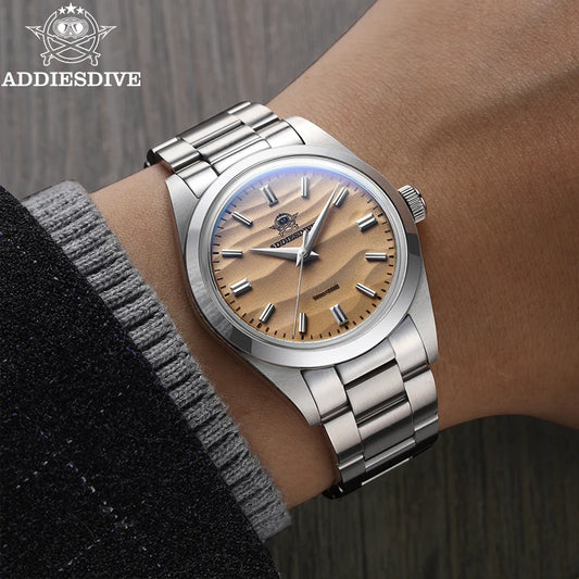 ADDIESDIVE Men's Watch Sand Dial 36mm Quartz Watch 100m Waterproof 316L Stainless Steel AR Coated Dome Glass Wrist Watch for Men