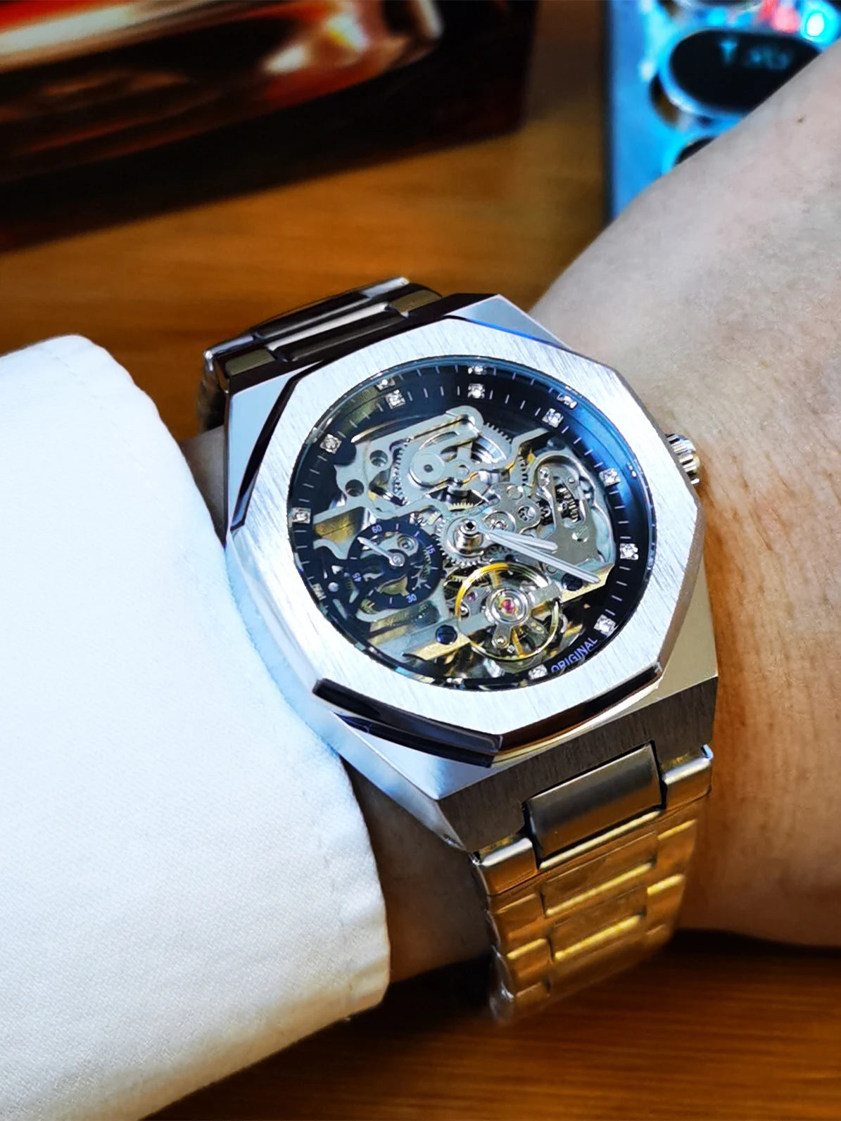 Forsining Silver Automatic Watch Men 3D Diamond Dial Irregular Tourbillon Skeleton Mechanical Wrist watches Luminous Hands Clock