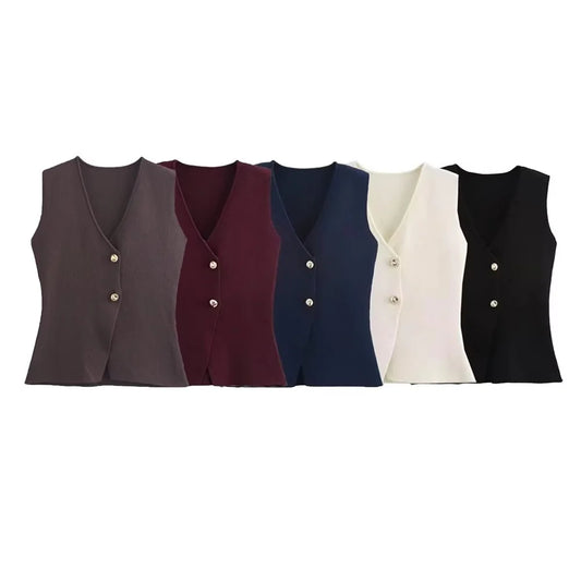 UNIZERA 2025 Summer New Product Casual Women's Wear Simple and Fashionable Gold Button Knitted Tank Top