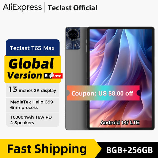 Teclast T65 Max 13" FHD Display Android 14 Tablet MediaTek G99 8GB+12GB Expansion RAM 256GB ROM 10000mAh Battery 18W Widevine L1