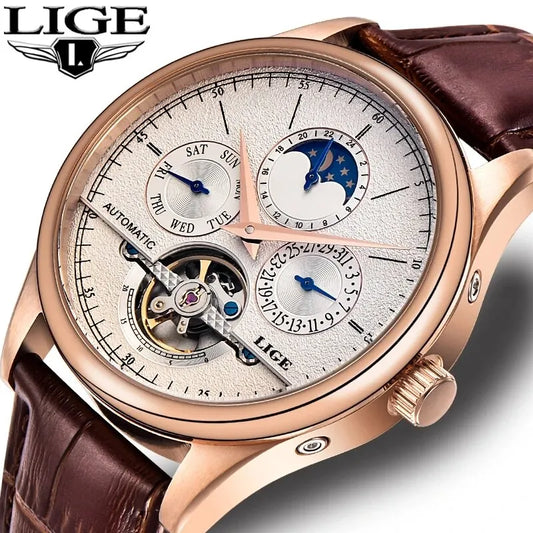 LIGE Men Watches Automatic Mechanical Watch Tourbillon Clock Genuine Leather Waterproof Watch Men Military Wrist watch Man
