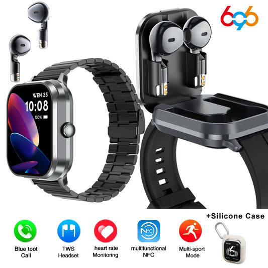2025 New 2 In 1 TWS Headset BT Call Smart Watch NFC Smartwatch Sport Fitness Waterpoof Heart Rate Music PlayingWeather Headphone