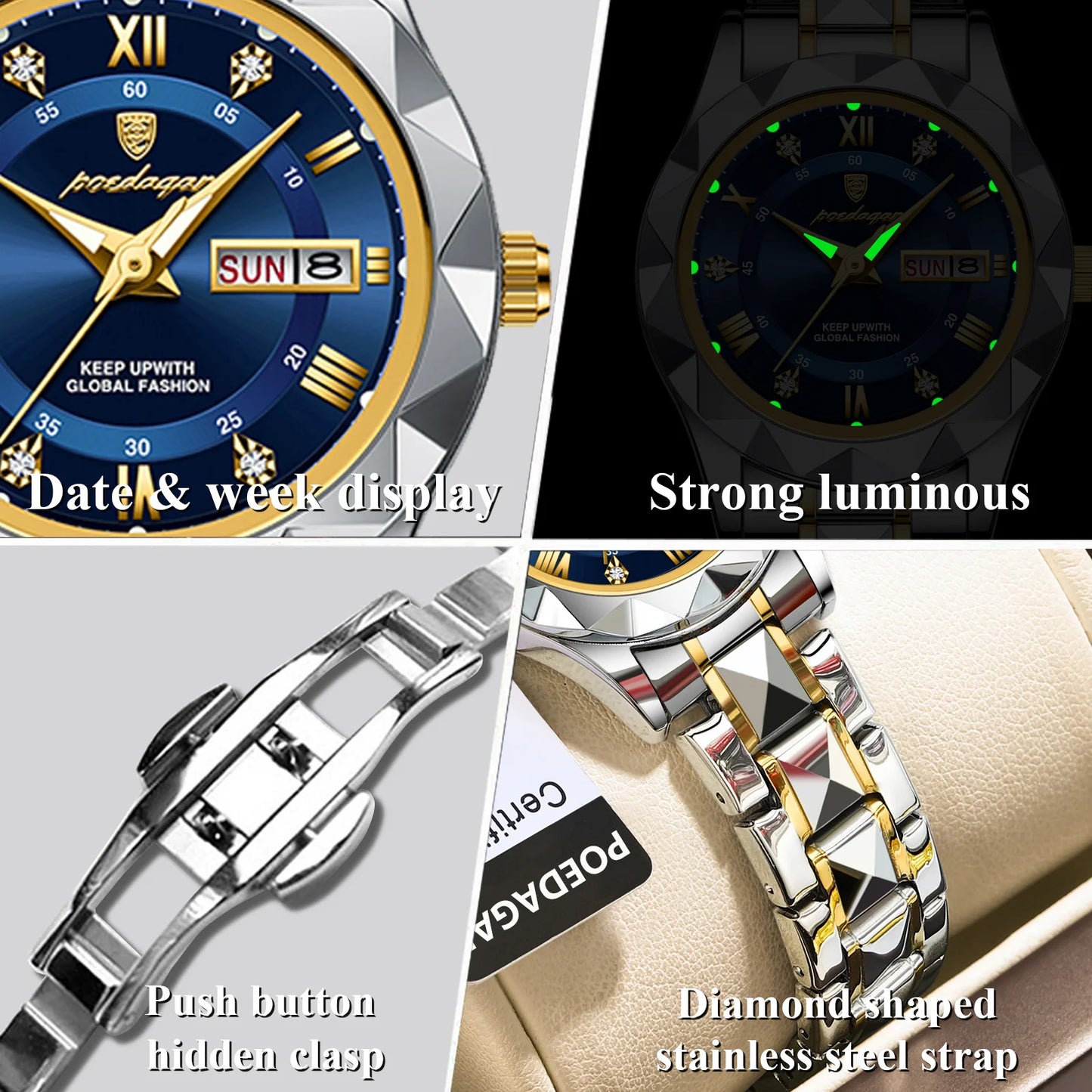 POEDAGAR Luxury Ladies Dress Watch Luminous Waterproof Week Date Woman Wrist watch Stainless Steel Women Quartz Watches reloj+box
