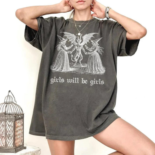 Girls Will Be Girls Witch Shirt Vintage Halloween T-Shirt Funny Feminist Tee Ironic Shirts Aesthetic T-shirt Spooky Witchy Tops