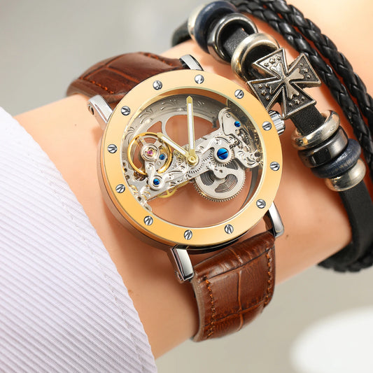 2025 Top Brand Luxury Steel Skeleton Tourbillon Automatic Watch Men Leather Mechanical Waterproof Luminous Elegant Wrist Clock